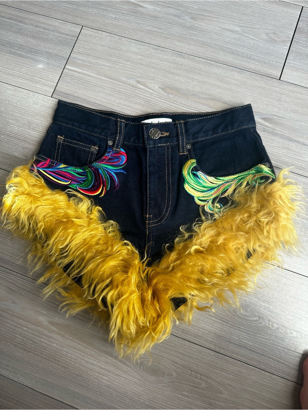 AREA Denim Shorts with Yellow Fur and Multicolor Embroidery